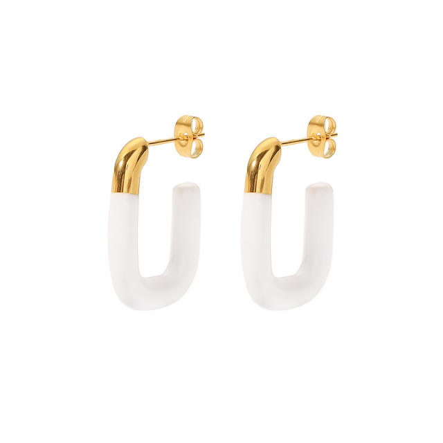 Enamel white color square shape stainless steel earrings