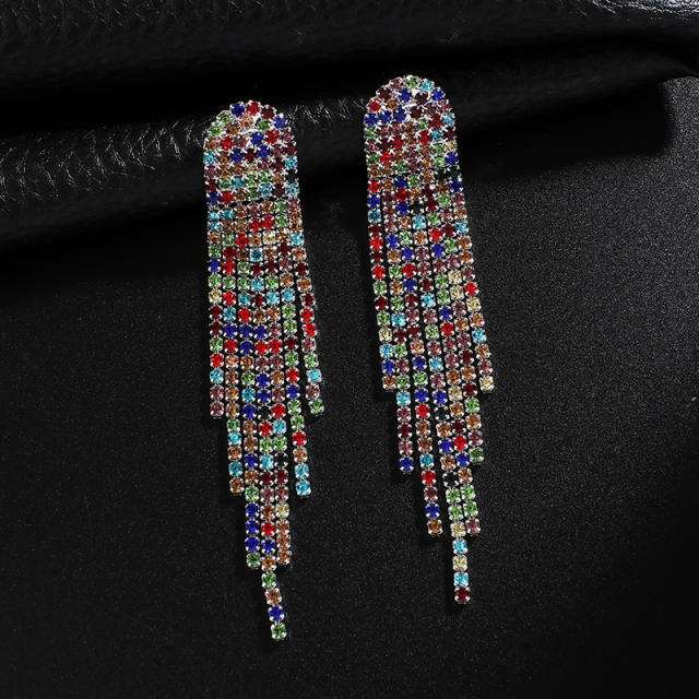 Delicate pave setting rhinestone long tassel earrings