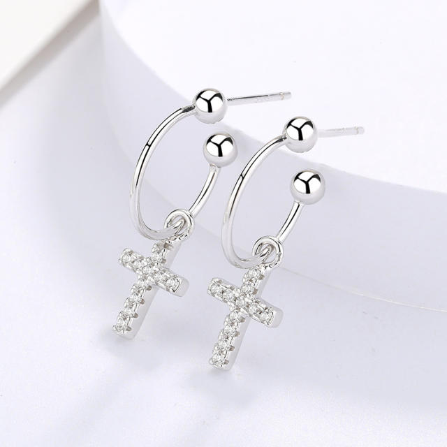 S925 diamond cross dangle earrings