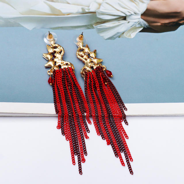 Geometric red color glass crystal chain tassel earrings