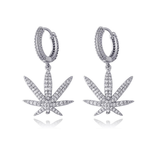 Hip hop zircon maple leaf earrings