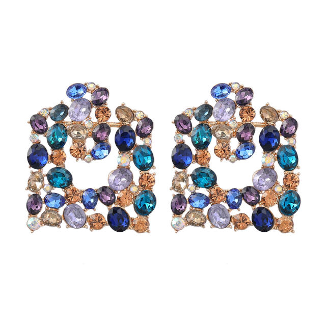 Colored rhinestone square shape ear studs