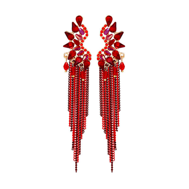 Geometric red color glass crystal chain tassel earrings