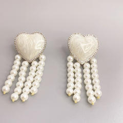 Enamel heart pearl beads tassel earrings
