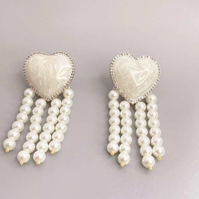 Enamel heart pearl beads tassel earrings