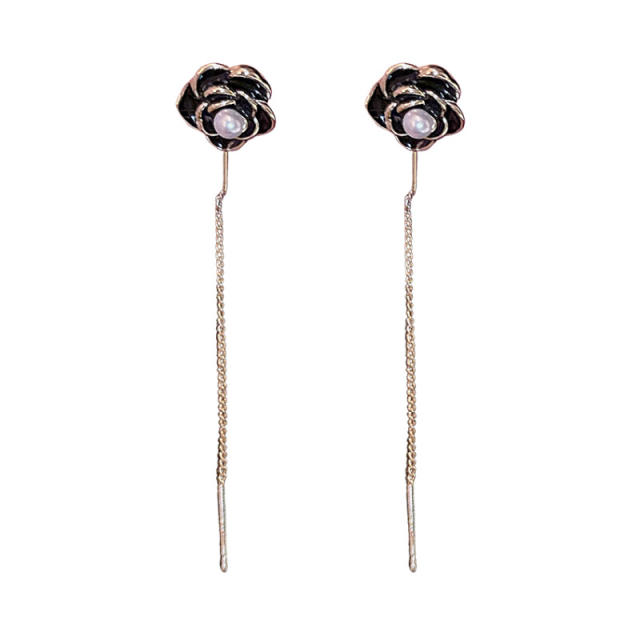 Enamel camellia threader earrings
