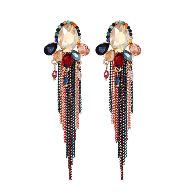 Black color chain tassel glass crystal earrings