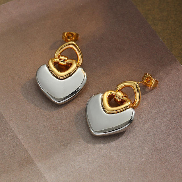Top quality two tone real gold plated heart earrings