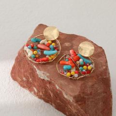 Handmade wireline color stone geometric earrings