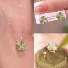 Green color opal stone clover design rotatabale ear studs necklace rings