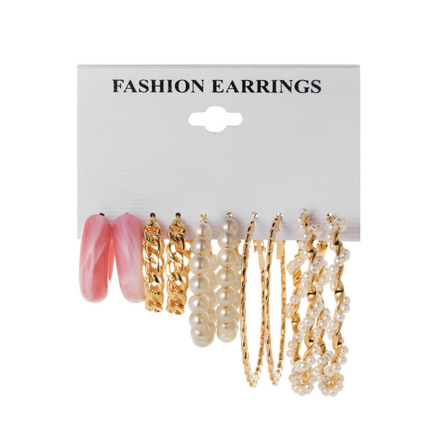 5pair pearl beads hoop earrings set