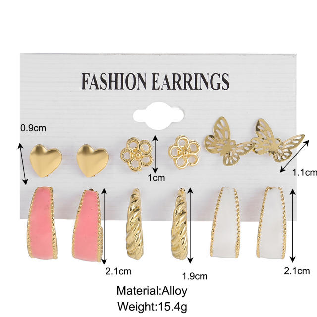 6pcs cute pink color enamel earrings set