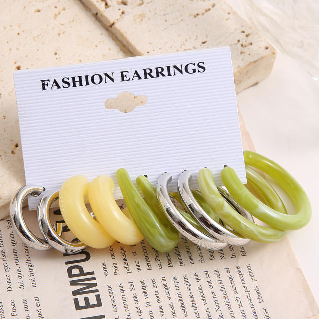 Green color hoop earrings set