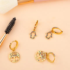 Rainbow color zircon setting the hand and life tree shape copper huggie earrings