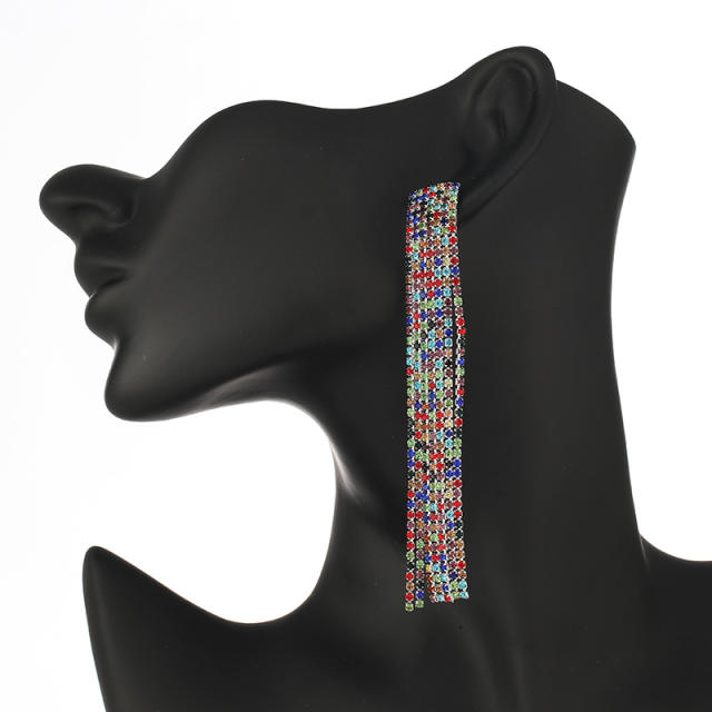 Rhinestone tassel long earrings