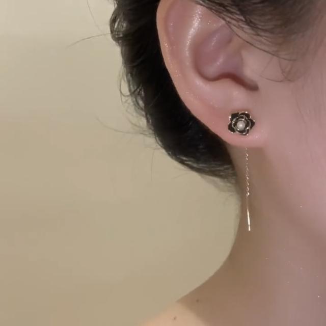 S925 sterling silver needle white black rose flower threader earrings