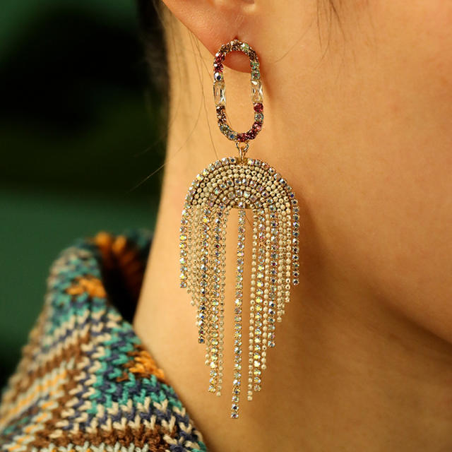 Luxury pave setting rhinestone tassel dangle earrings