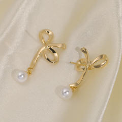 Hollow bow pearl bead clip on earrings drop earrings
