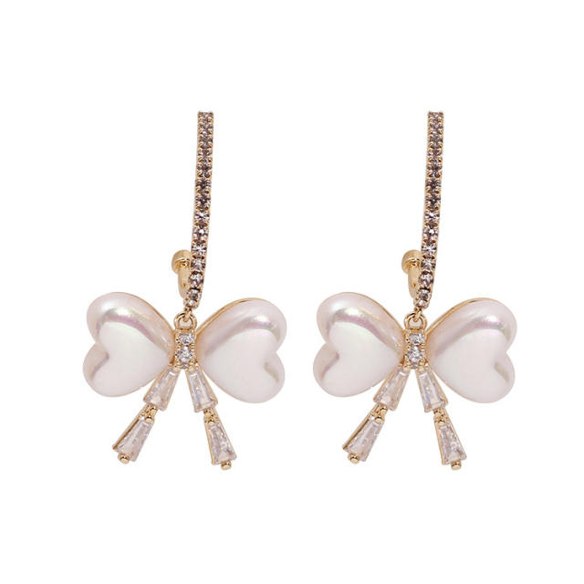 Diamond bow shell clip on earrings drop earrings