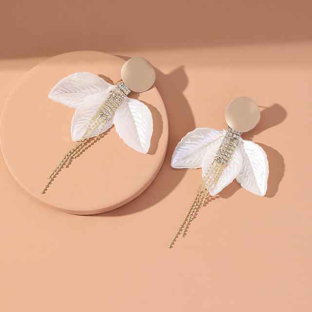 Cubic zircon tassel white leaf women earrings