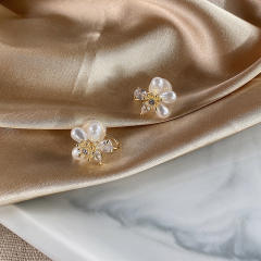 CZ pearl flower clip on earrings