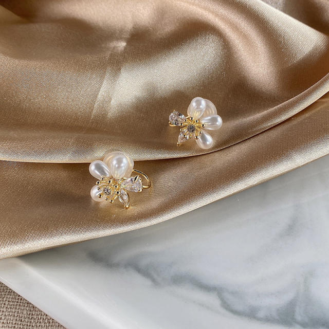 CZ pearl flower clip on earrings