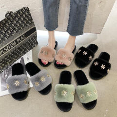 2022 rhinestone flower fluffy slippers