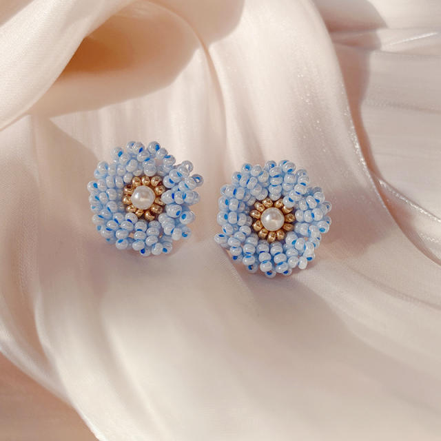Light blue color beaded flower handmade ear studs clip on earrings