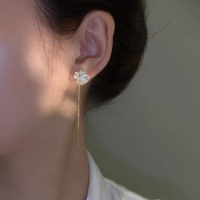 S925 sterling silver needle diamond clover threader earrings
