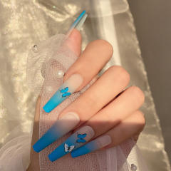 Blue color butterfly frosted false nails