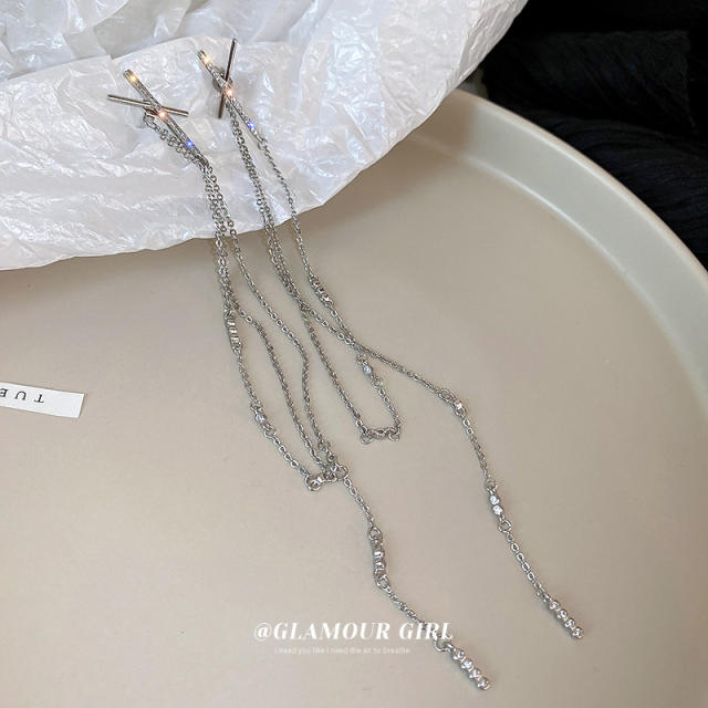 Silver needle cubic zircon tassel cross long earrings