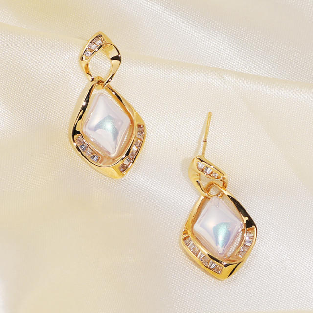 CZ pearl diamond shape clip on earrings
