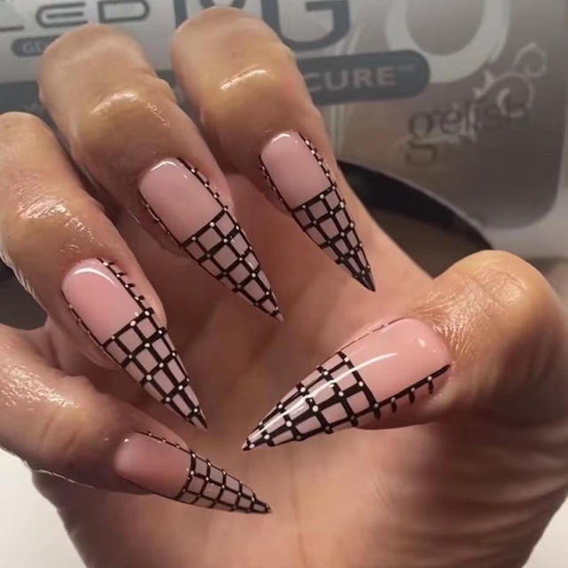 Checkered gliter women false nails