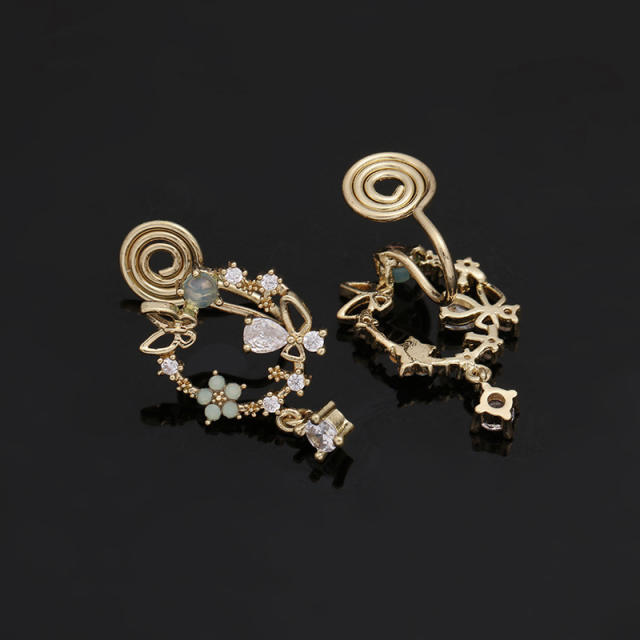 Diamond green petal drop earrings clip on earrings