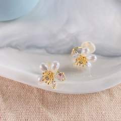 CZ pearl flower clip on earrings