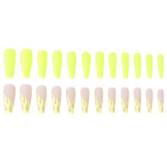 Frosted fluorescent yellow flame false nails