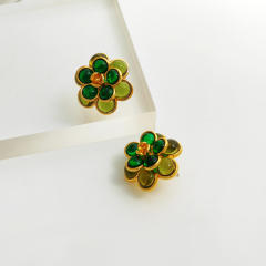 925 needle green color resin beads flower ear studs