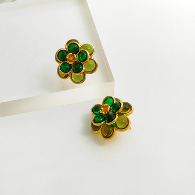 925 needle green color resin beads flower ear studs