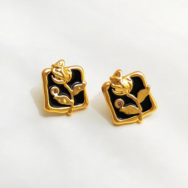 S925 sterling silver needle vintage black rose flower ear studs