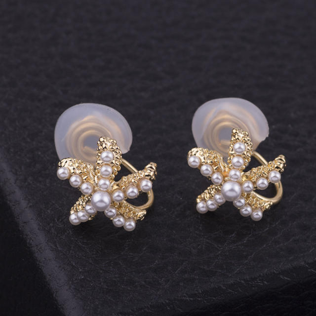 Pearl beaded starfish clip on earrings