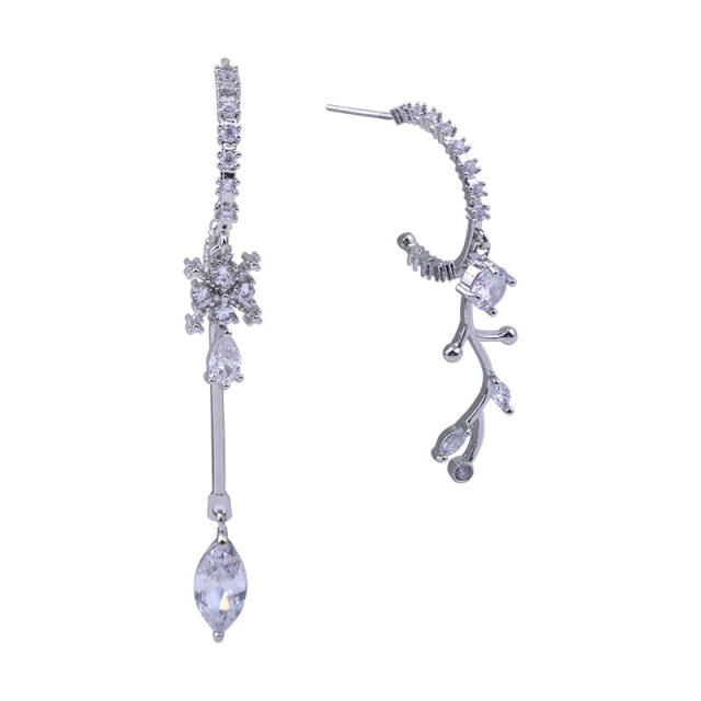 CZ leaf asymmetric clip on earrings dangle earrings