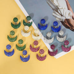 Colorful rhinestone pave setting moon design jacket earrings