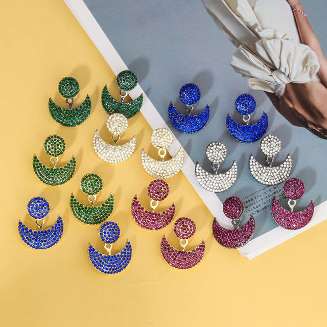 Colorful rhinestone pave setting moon design jacket earrings