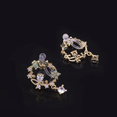 Diamond green petal drop earrings clip on earrings