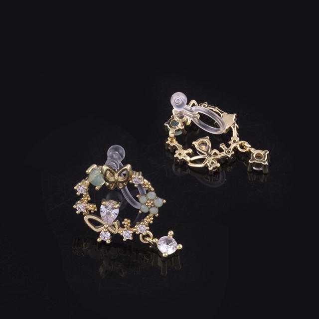 Diamond green petal drop earrings clip on earrings