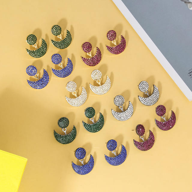 Colorful rhinestone pave setting moon design jacket earrings