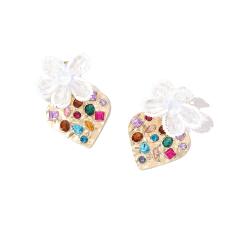 Handmade white seed beads flower metal heart earrings