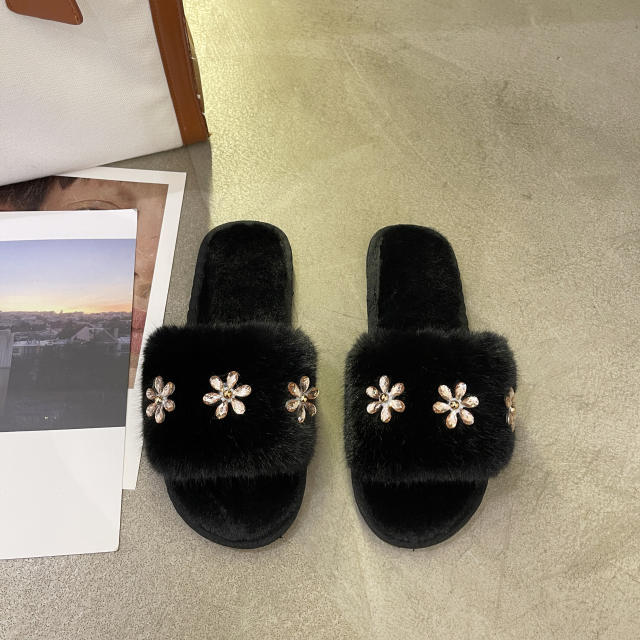 2022 rhinestone flower fluffy slippers
