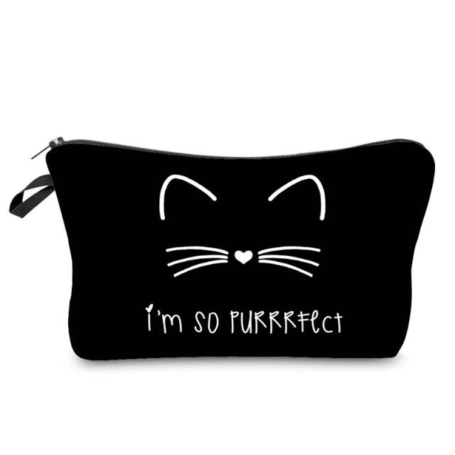 Black color kitty pattern cosmetic bag