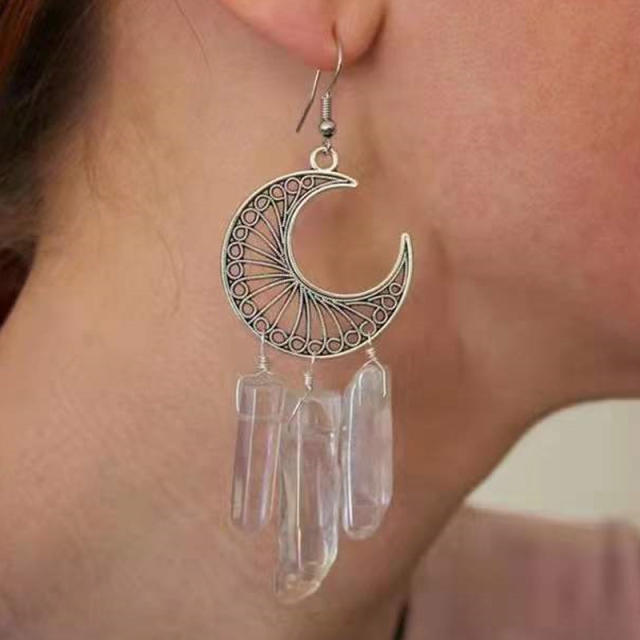 Natural clear pink crystal tassel hollow moon dangle earrings